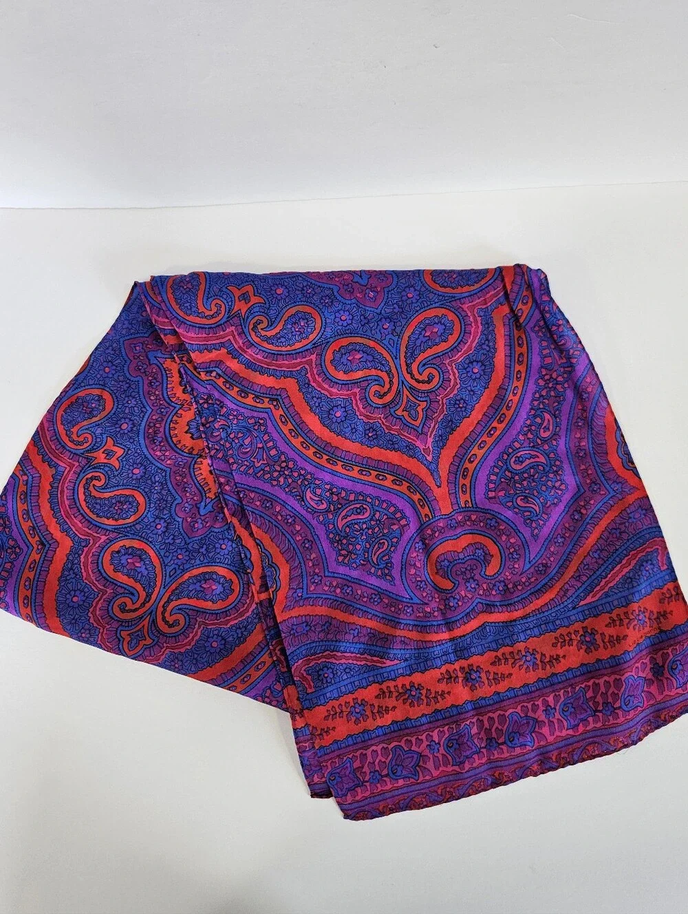 Vintage Vibrant Jewel Tone Paisley Mandela Rolled Edge Long Silk Scarf Foulard